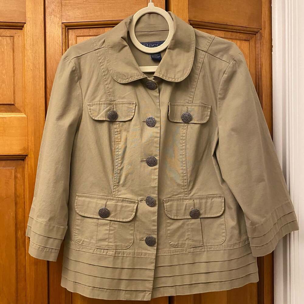 Bacci Button-Up Jacket Size Large Khaki Cotton Utility Pleated